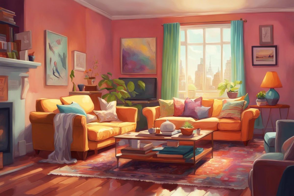 Peinture colorée d'un salon bien rangé